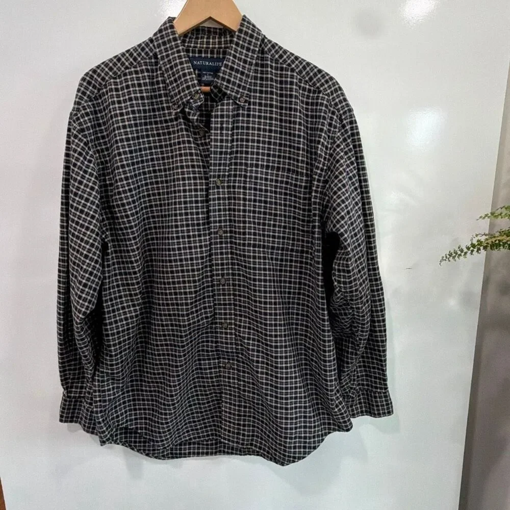 Naturalife Mens Plaid Flannel Shirt Large Cotton